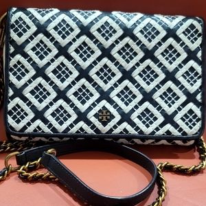 Tory Burch Black and White Woven Leather Wallet Purse on a Chain